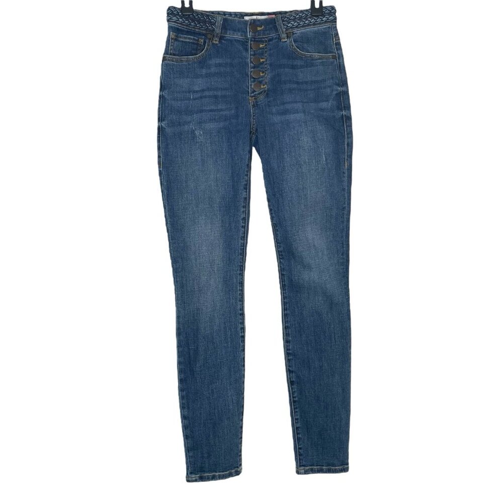 Cabi Skinny Jeans Size 2 Mid Rise Button Fly Braided Waistband Blue Womens #5694